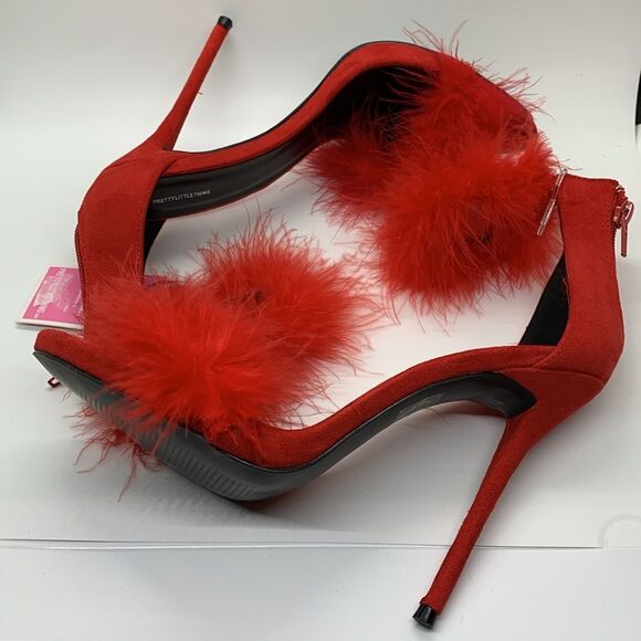 PrettyLittleThing NWTs Red Feathered High Heel Strappy Sandals Size 6 - Picture 6 of 10